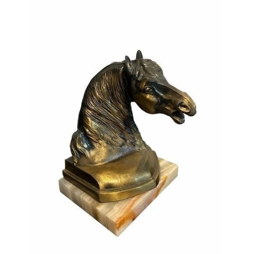 Horse Head Sculpture on Alabaster Stone Base Equestrian Vintage Bronze Finish